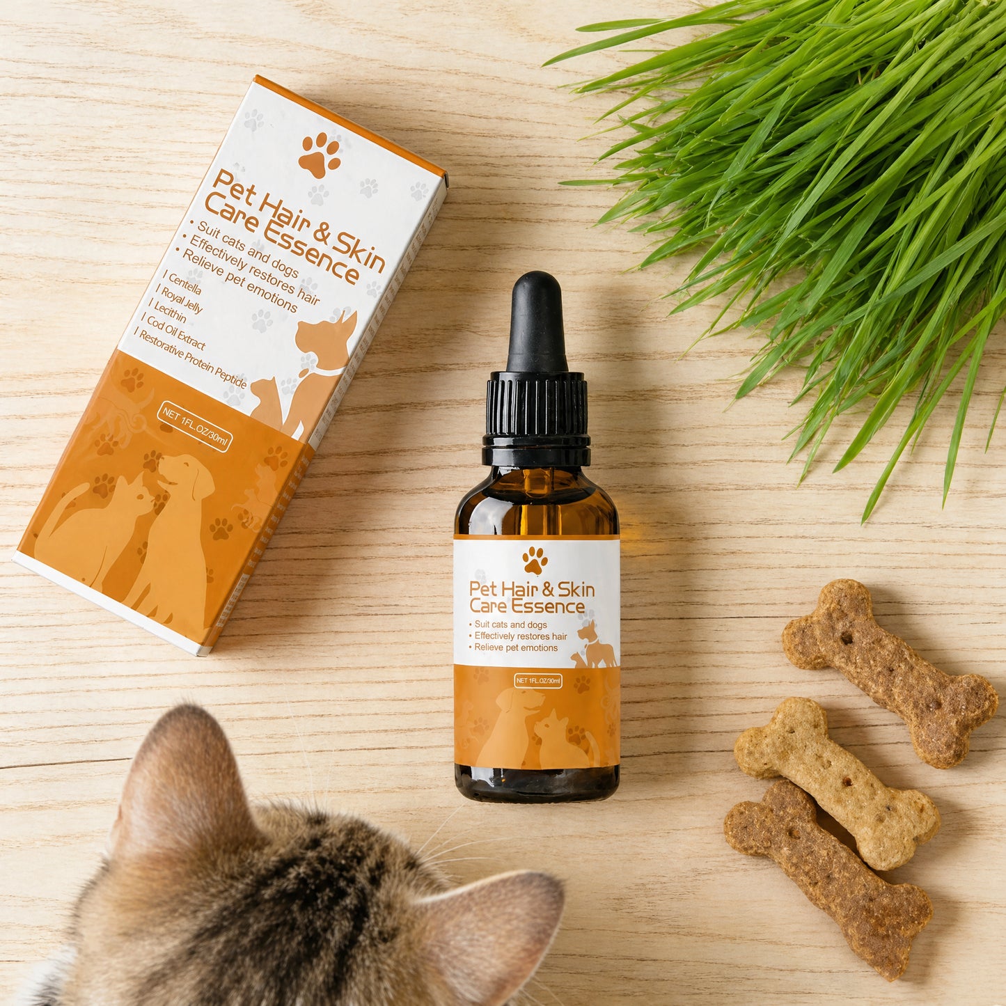 Flat lay with cat and pet serum