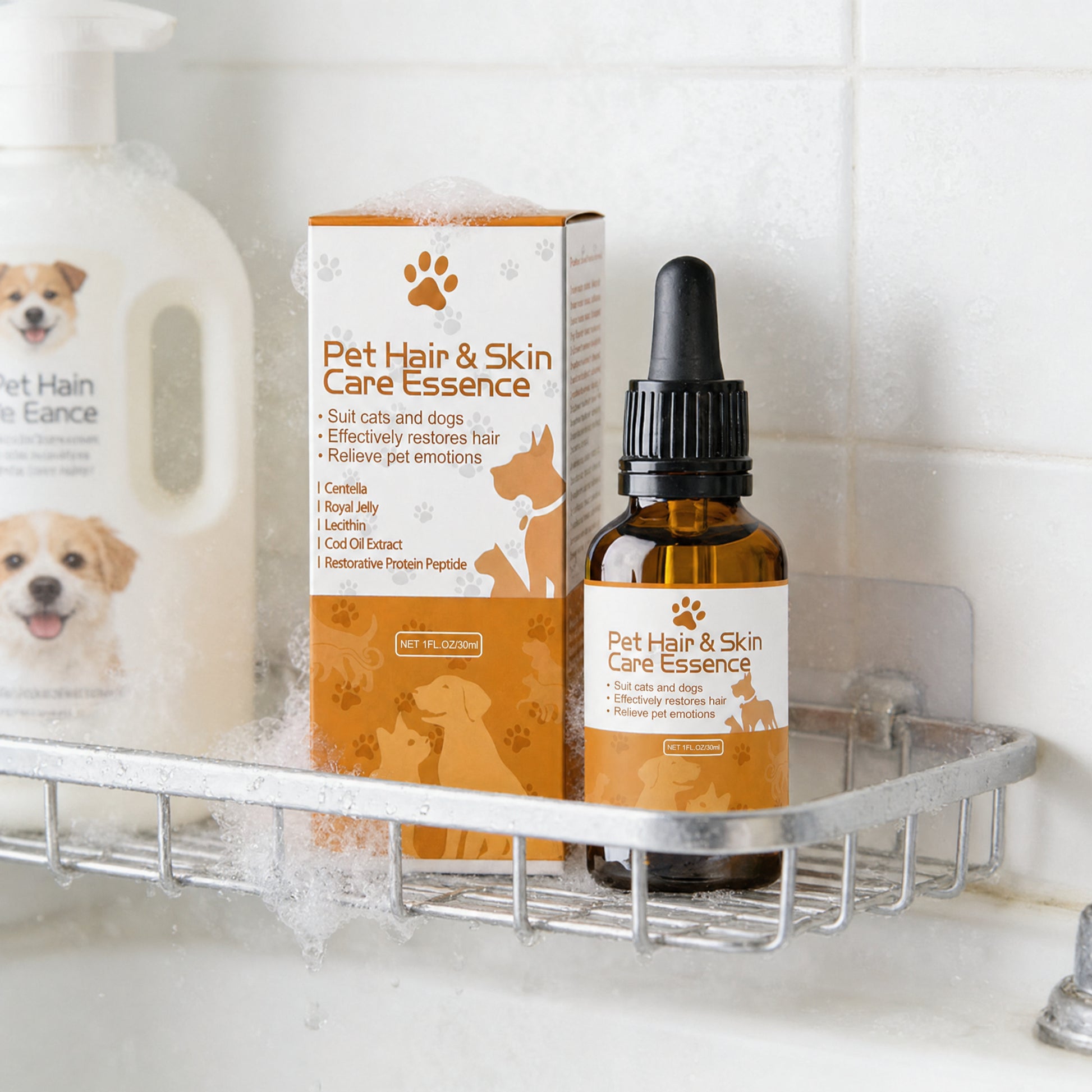 Pet serum on bathroom shelf