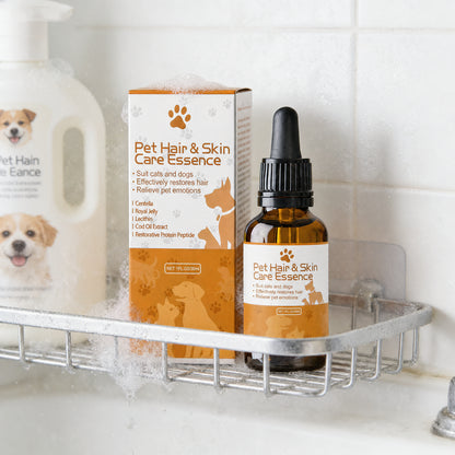 Pet serum on bathroom shelf